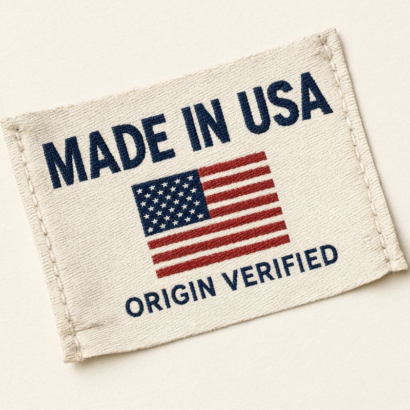 A woven garment label reading MADE IN USA above a stitched American flag, with ORIGIN VERIFIED below it.