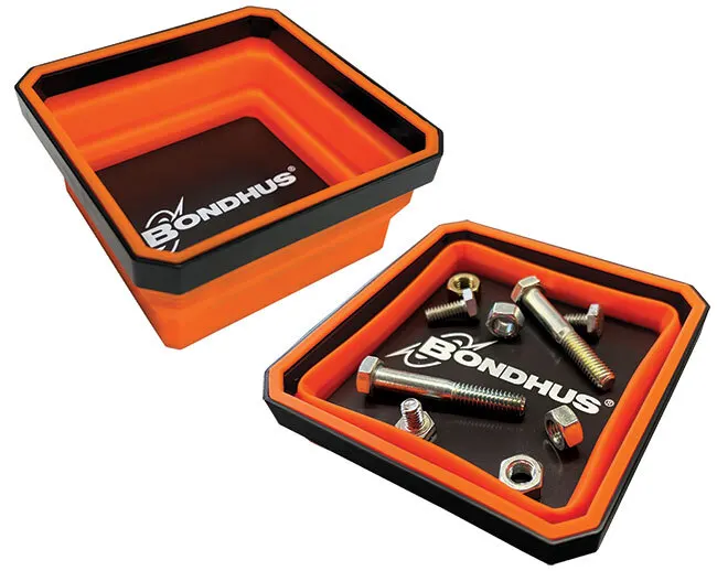 An open orange and black collapsible silicone parts tray from Bondhus, shown folded flat and unfolded with assorted bolts and nuts inside, against a white background.