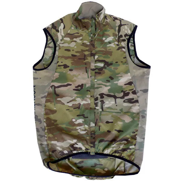 A sleeveless MultiCam camouflage cycling vest laid flat, front view, with a high stand collar and full front zipper, on a white background.