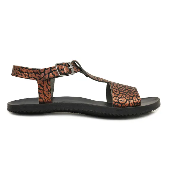 Side view of a bronze leopard-print leather T-strap sandal with a buckle ankle strap and black sole.
