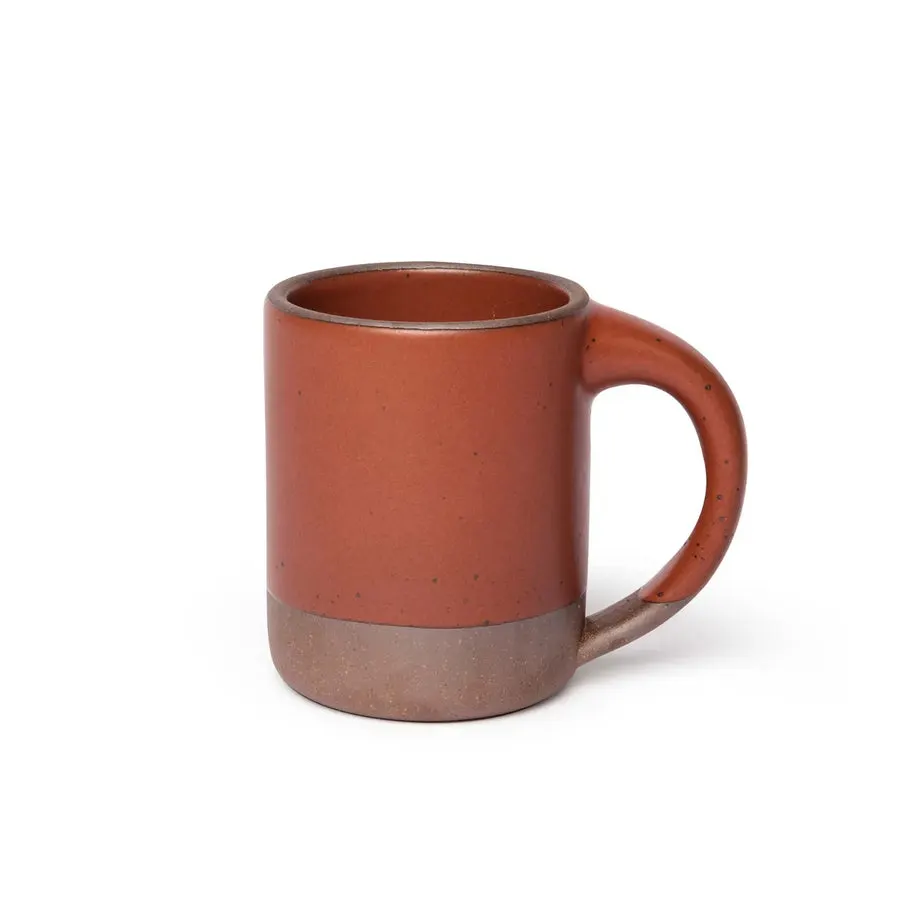 A terracotta-orange ceramic mug with a two-tone unglazed brown base band, shot on white.