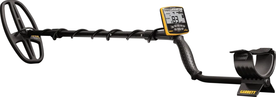 A black ACE Apex metal detector shown in profile on white, with its oval search coil, coiled shaft, yellow-and-black control box display, armrest, and hip stand visible end to end.