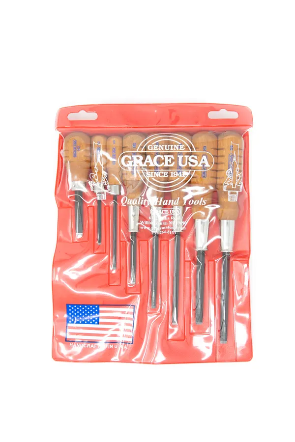 A set of eight wood-handled Grace USA gun care screwdrivers packaged flat in a red vinyl pouch printed with the Grace USA logo, an American flag, and "Handcrafted in USA".