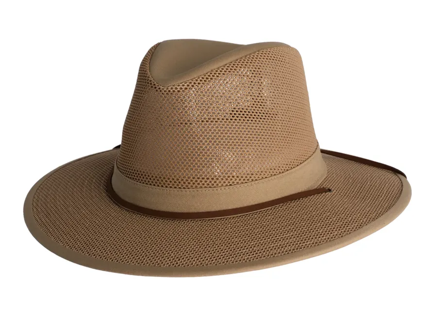 A tan mesh-crown safari hat with a wide brim and brown leather band, shown at a three-quarter angle against a white background.