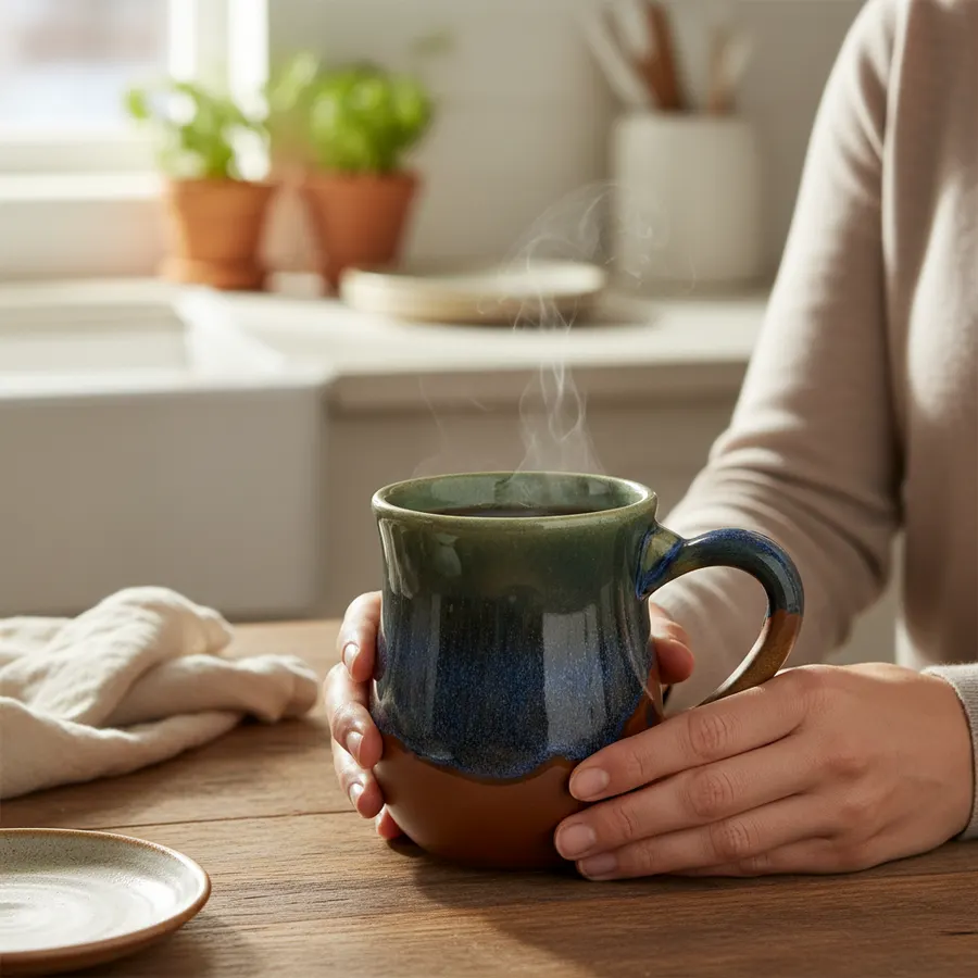A person's hands cradling a blue-and-brown reactive-glaze ceramic mug of steaming coffee at a wooden breakfast table, with potted herbs in a sunlit kitchen behind.