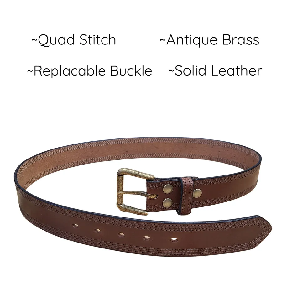 A brown leather belt with four rows of stitching and a brass buckle, coiled on a white background.