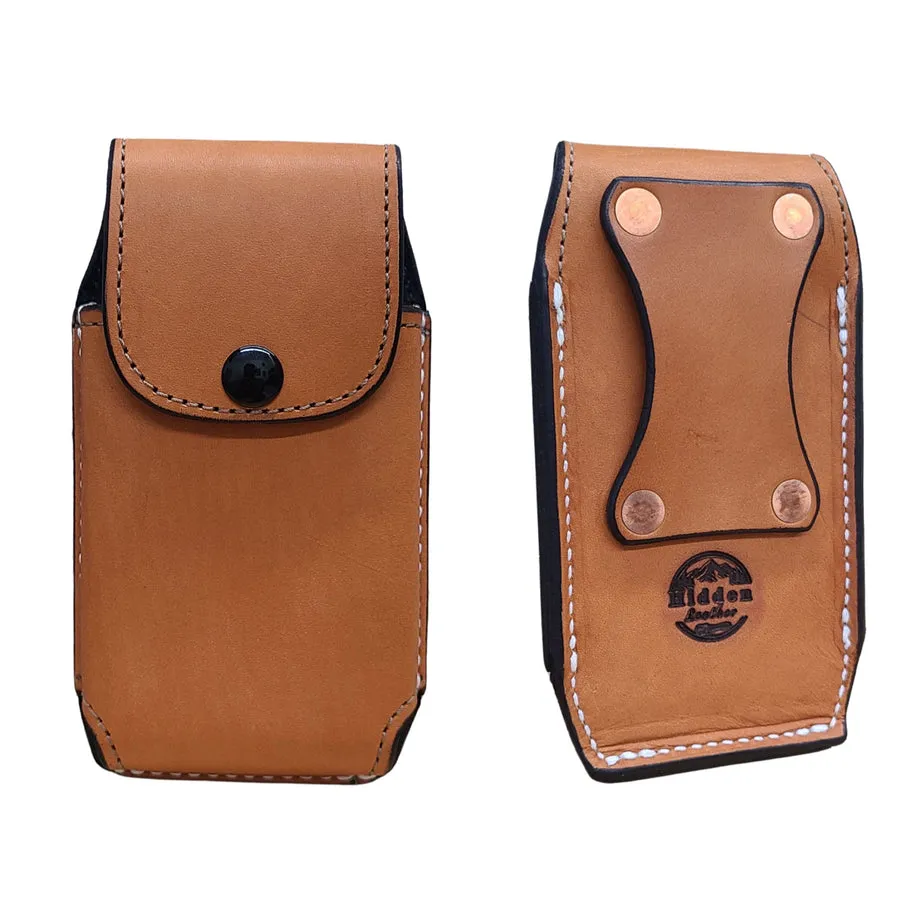 A tan leather phone holster shown front and back on a white background: a snap flap on the front, and a riveted belt loop stamped with the maker's mark on the back.
