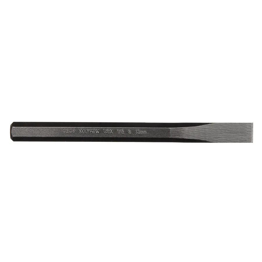 A single black cold chisel with a beveled cutting edge and 'MAYHEW USA' stamped on the shank, laid diagonally on a white background.