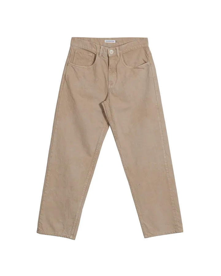 A pair of tan-brown carpenter-style jeans with double front pockets and a woven waistband tag, laid flat against a white background.