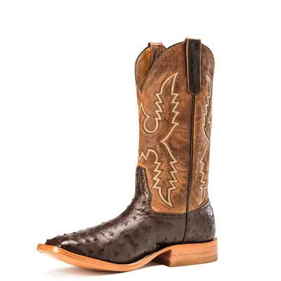 A single square-toed cowboy boot with a dark brown full-quill ostrich foot, a tan 13-inch shaft with cream and brown stitched flame designs, and a pale leather sole edge, shot at an angle on a white background.
