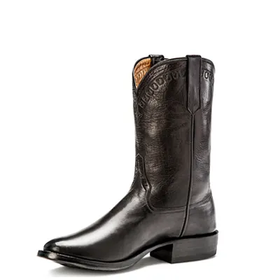 A single black round-toed roper boot with a plain 11-inch shaft, pull straps and a low stacked heel, shot at an angle on a white background.