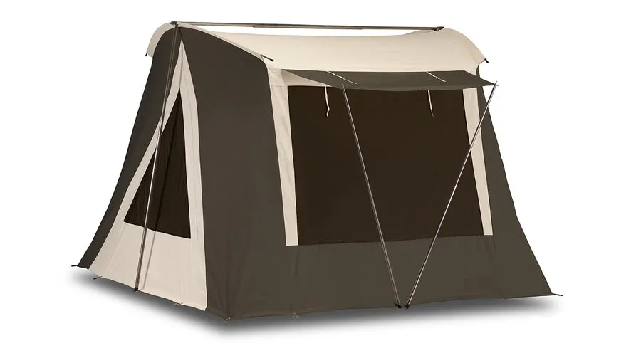 A brown and cream canvas cabin-style tent (the Ranger model) shown from the rear three-quarter angle on a white background, with mesh windows and a peaked awning.