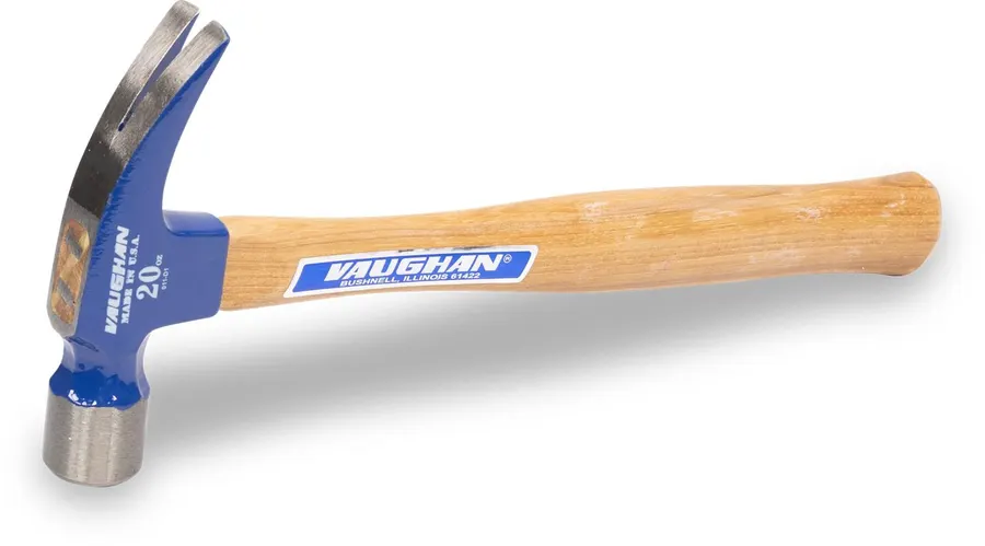 A Vaughan 999 series rip claw hammer with a blue head and hickory handle bearing a Vaughan Bushnell Illinois label, angled against a white background.