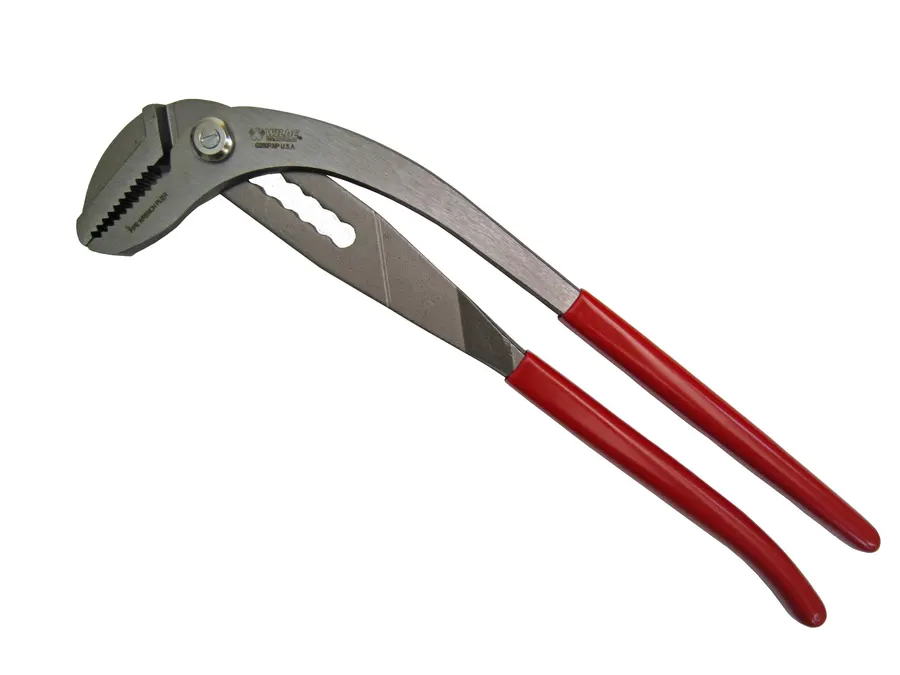 A long slip-joint pipe wrench pliers with red vinyl handles and a curved serrated jaw, angled against a white background.