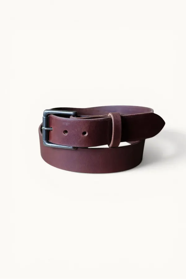 A coiled dark brown leather belt with a gunmetal roller buckle, shot on a light background.