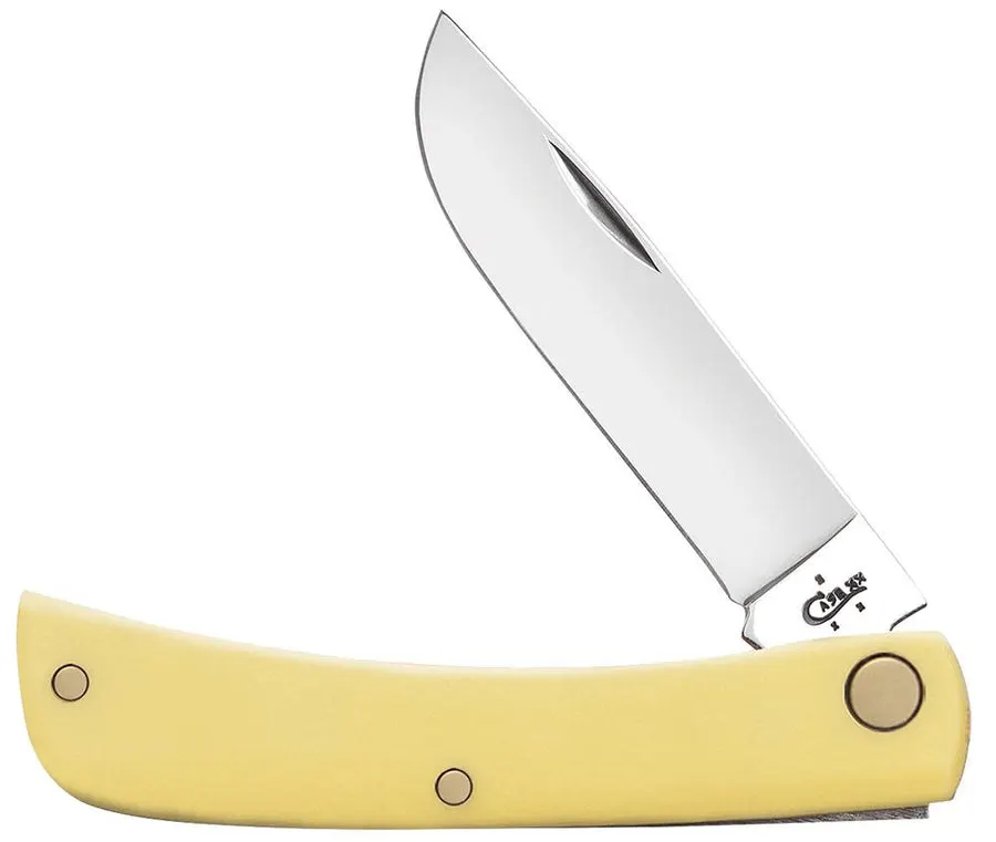 A single-blade Sod Buster Jr pocketknife with a bright yellow synthetic handle, blade open, against a white background.